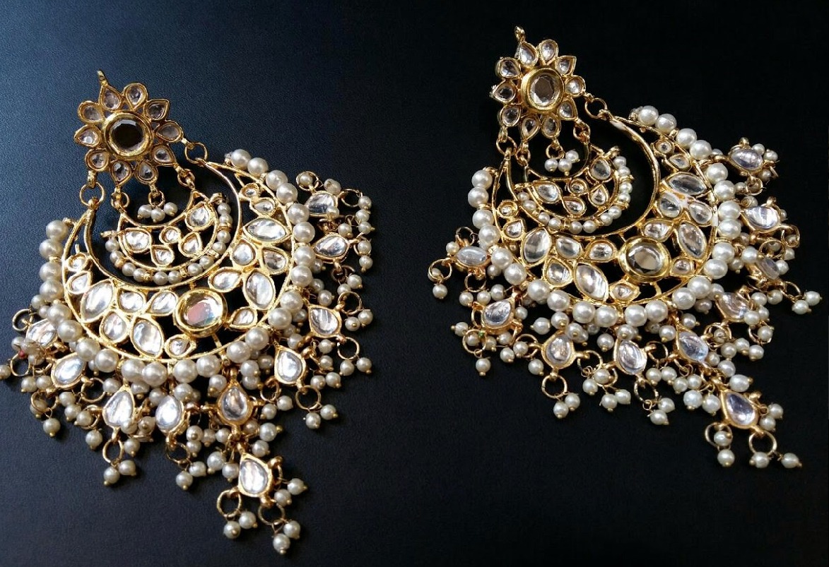 Mirror Kundan ShowStopper Chaandbaali Earing with White Pearls ...